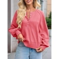 thumbnail image 6 of Women'S Button Crew Neck Sweater Fall Long Sleeve Henley Shirts Trendy Loose Knit Pullover Tops Red L, 6 of 8