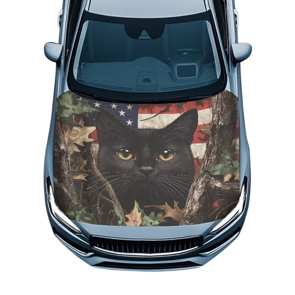 KUIFORTI American Flag Car Hood Cover for Truck, Black Cat Hood Covers for Cars, SUVs, Camo Car Accessories for Women Fashion Auto Decorations, Easy to Clean