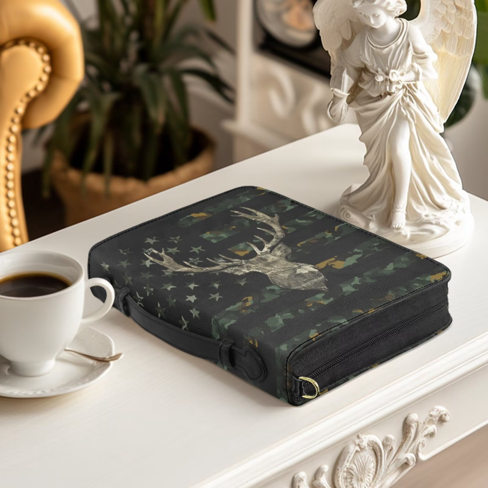 Kuiaobaty Deer Camo Hunting Print Bible Cover Case for Women American Flag Print Church Bag Scripture Case with Shoulder Strap Portable ens Christian Study Accessories with Bookmark for Church