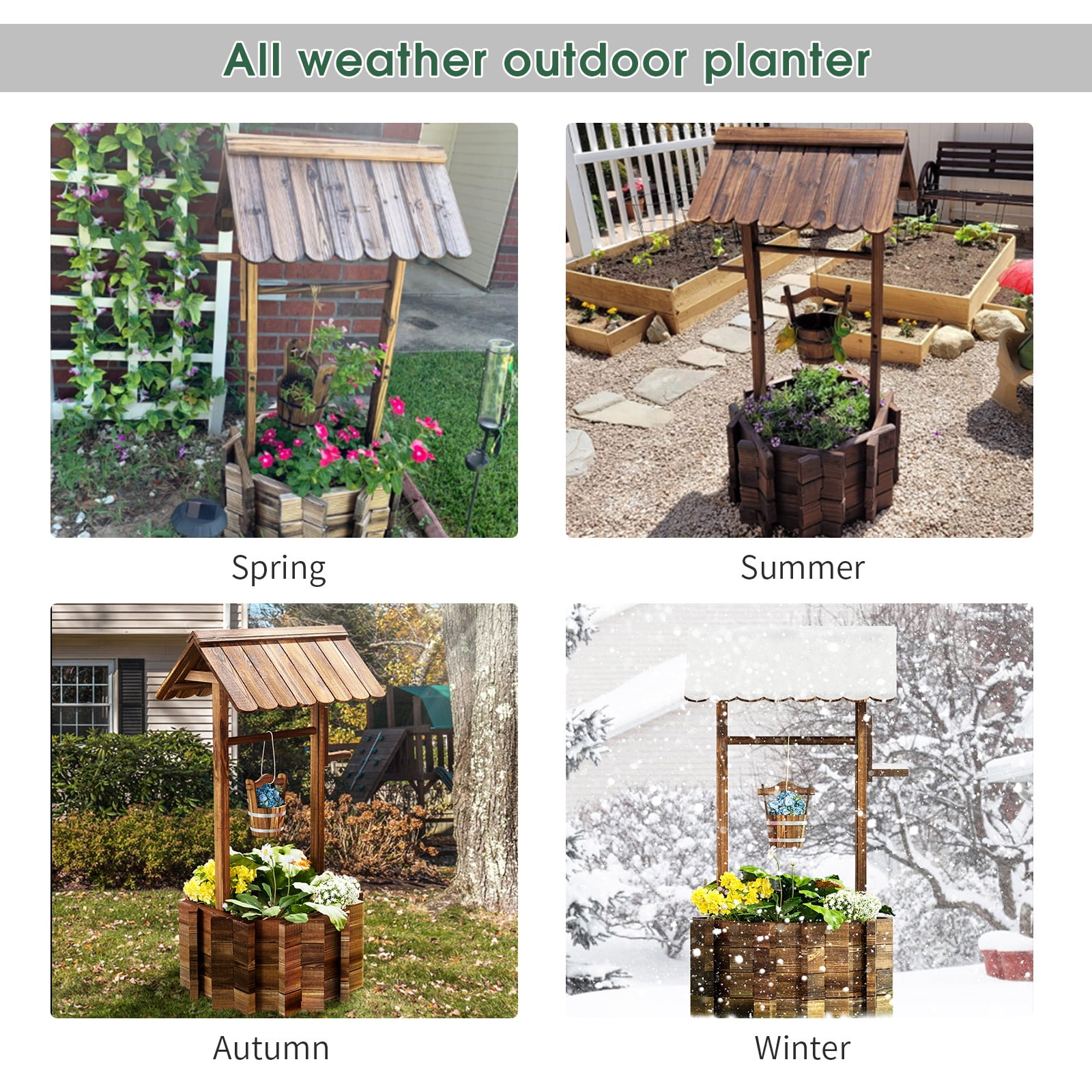Bapipro Wood Wishing Well Planter with Hanging Bucket for Flower and Plants, Brown