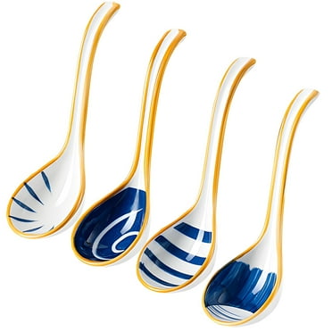 Asian Ceramic Soup Spoons 4 Pack, Blue and White Porcelain Large Serving Spoons, Traditional Oriental Design, Gold Trim Deep Bowl Spoons for Ramen, Pho, Rice Dishes, 6.3 inch Length