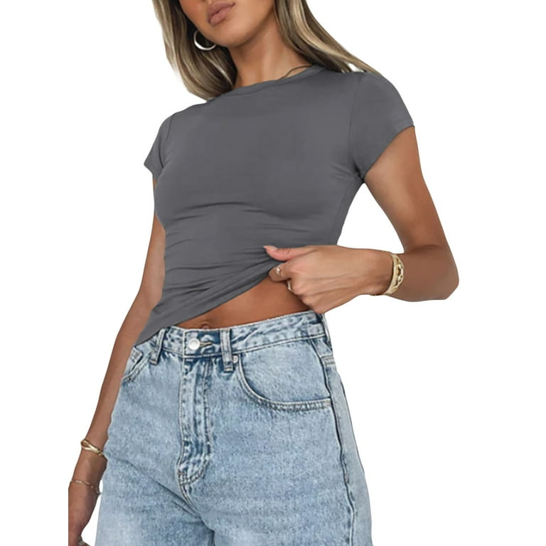 wsevypo Women's Skim Dupes Basic Crop Top Round Neck Short Sleeve Shirt  Slim Fit T-Shirt Y2K Streetwear 
