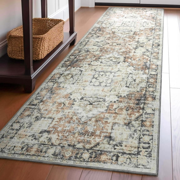 Well Woven Elle Basics Rendezvous Vintage Medallion Natural Red 2'3" x 7'3" Runner Rug Non-Slip Rubber Backed Washable Rug for Hallway Kitchen & Entryways