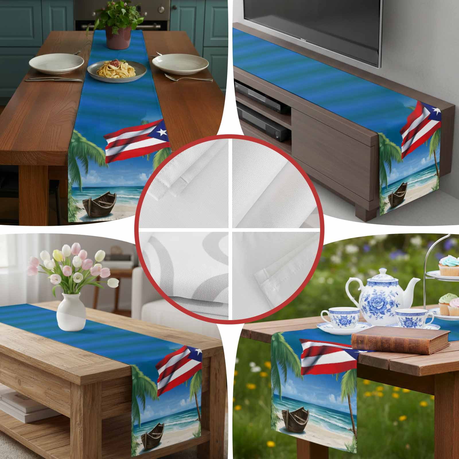 Beach Palm Trees Retro Flag Table Runner 90 Inches Long, Summer Ombre Ocean Waves Table Runners Tabletop Scarf Kitchen Dining Tables Decoration for Home Party Indoor Outdoor