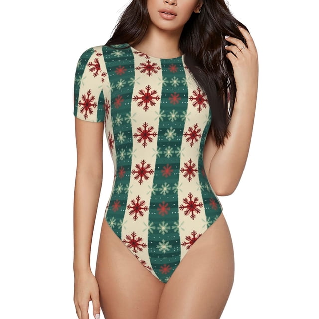 Fotbe Christmas Snowflakes Plaid Body de Mujer con Cuello Redondo y Mangas Cortas, Sin Mangas Ajustado, Suave, Cómodo y Básico-Large