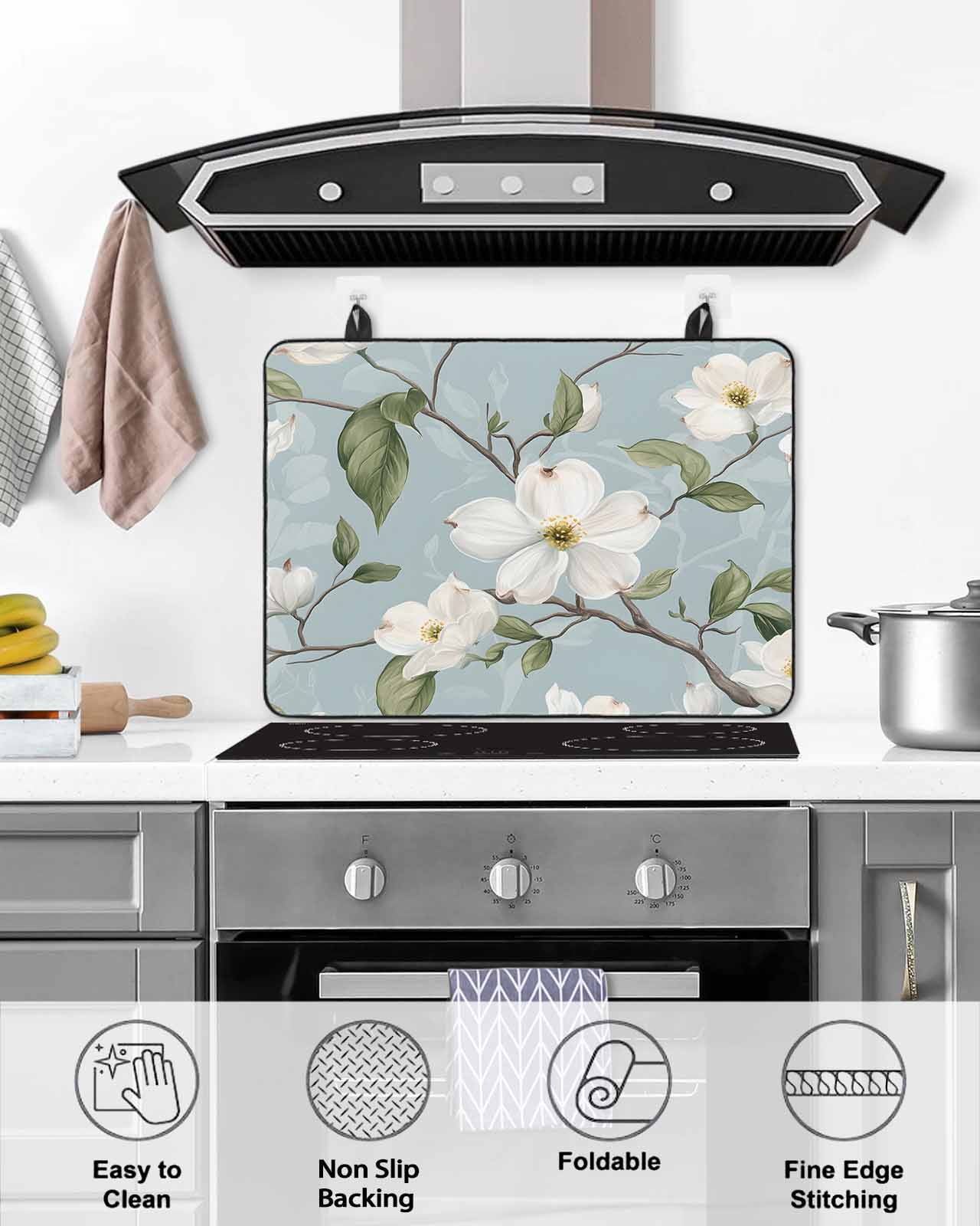 nqOlkjepod Large Induction Cooktop Protector Mat 36"x21", Elegant Floral Stove Top Covers for Electric Stove, Watercolor Blue Garden Floral Spring Stove Burner Cover Mats, Glass Top Stove Cover