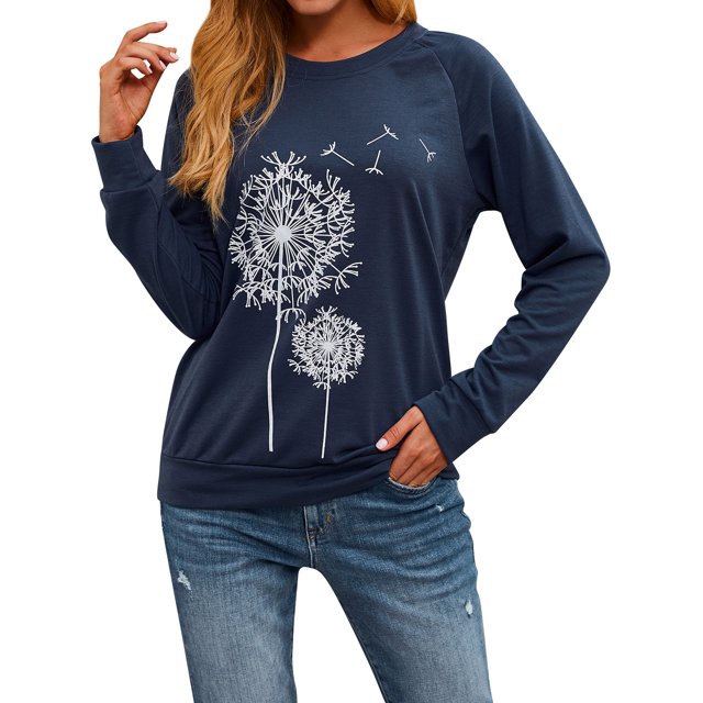 Women Dandelion Print Crew Neck Long Sleeve Sweatshirt