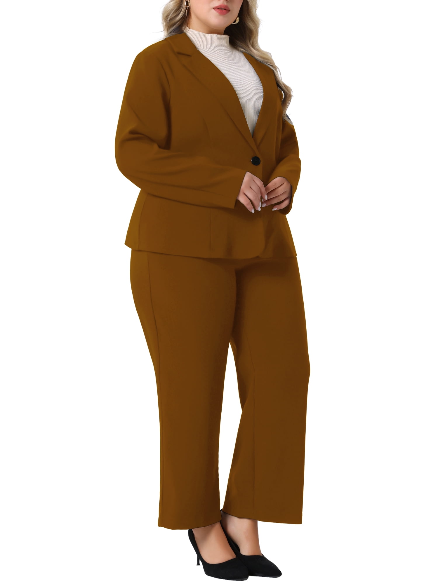 DARING DIVA Women's Plus 2 Pieces Business Office Blazer and Pants Suit Set 2X Brown