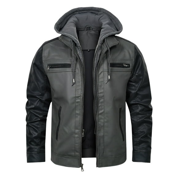 Jackets for Men, Leather Jacket Men, Men's Solid Color Leather Jacket Fashionable Leather Long Sleeved Hooded Leather Jacket