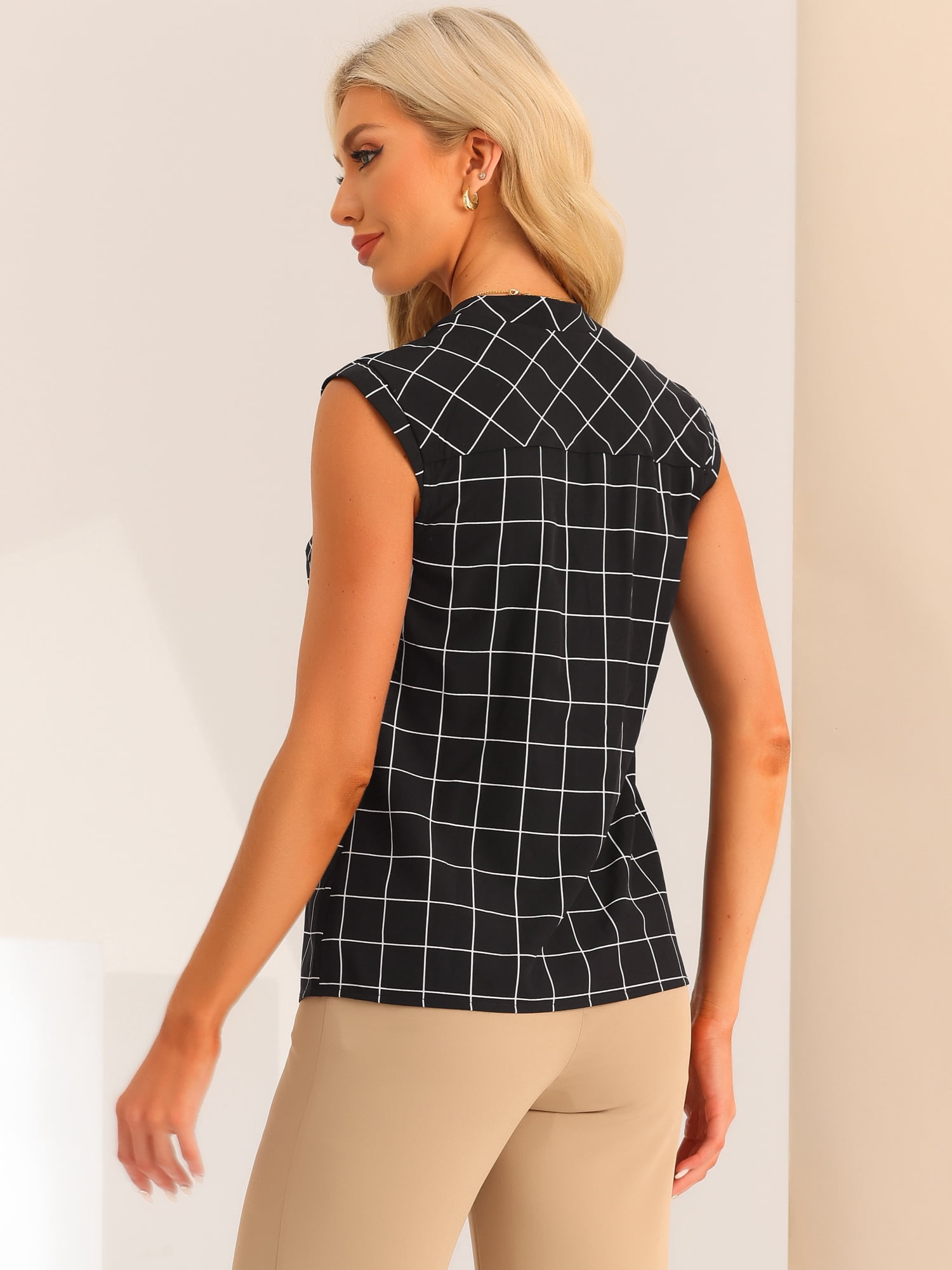 Unique Bargains Women's Sleeveless Button Down Tartan Shirt Casual Shirts Blouse L Black