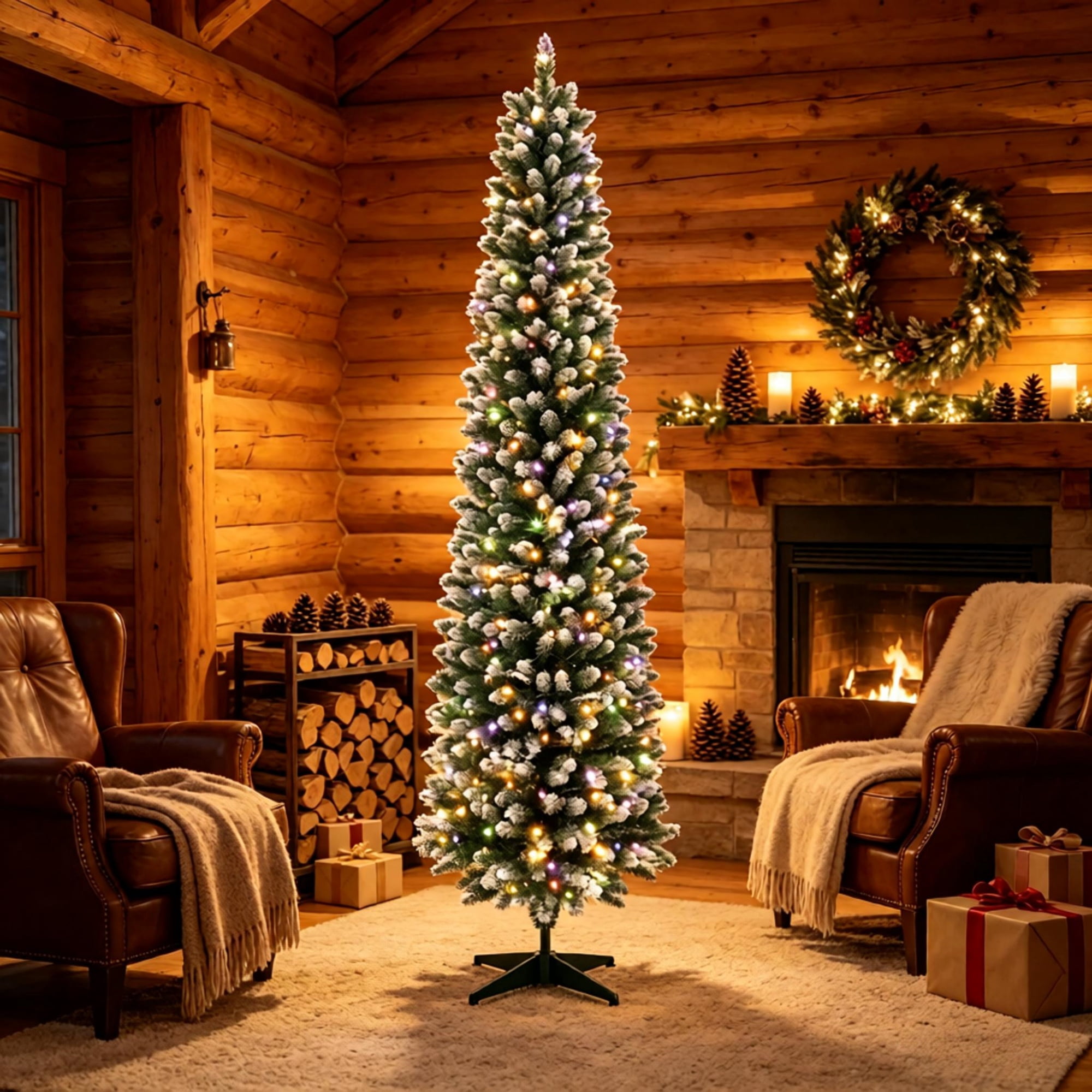 Pre-Lit Pencil Christmas Tree, 8 ft Slim Frosted Fir with 300 Dual-Color LED Lights, 11 Lighting Modes, Remote Control, 445 Branch Tips, PVC and Steel, for Small Rooms and Entryways