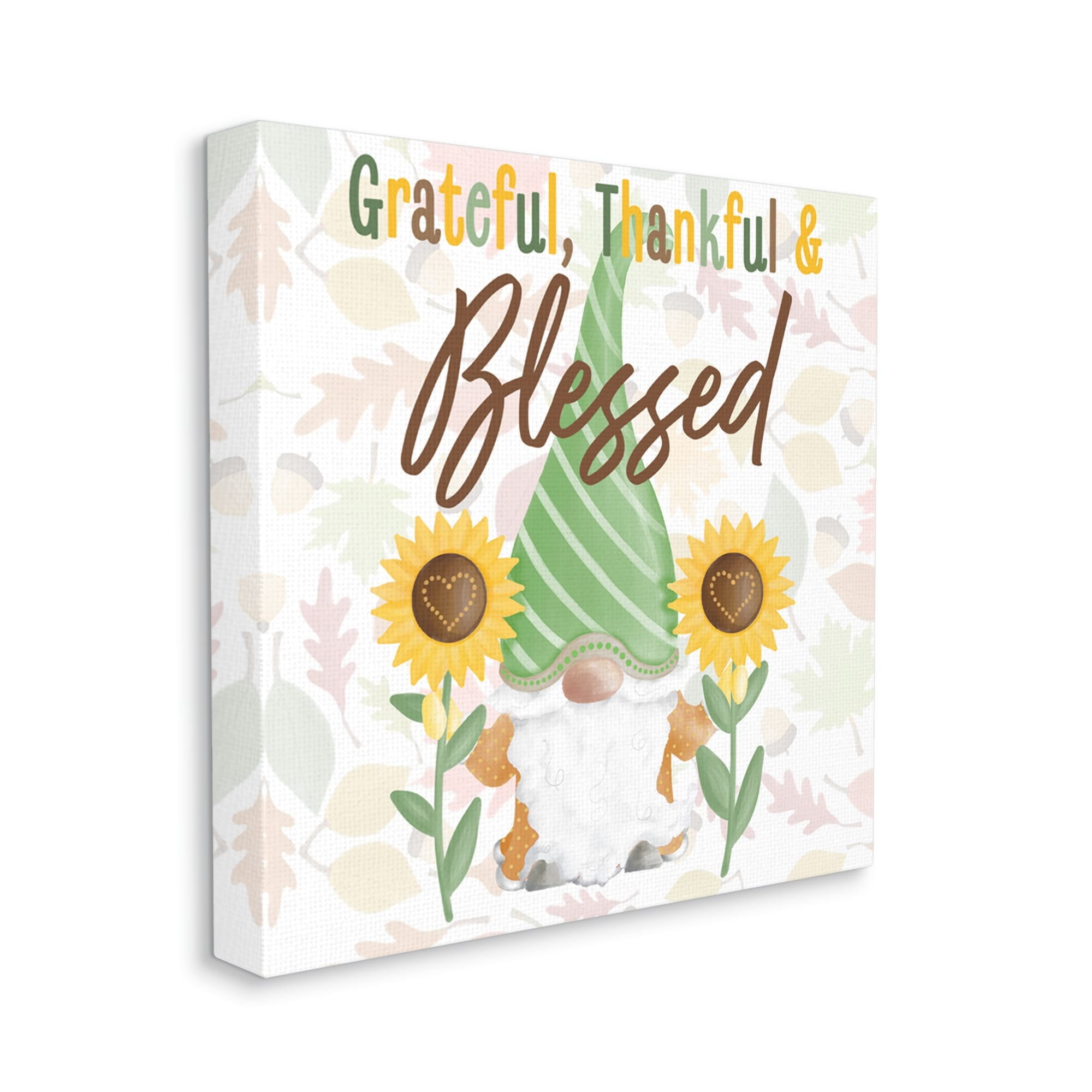 Grateful Sentiment Typography Garden Gnome Sunflowers Pattern Inspirational Graphic Art Gallery-Wrapped Canvas Print Wall Art