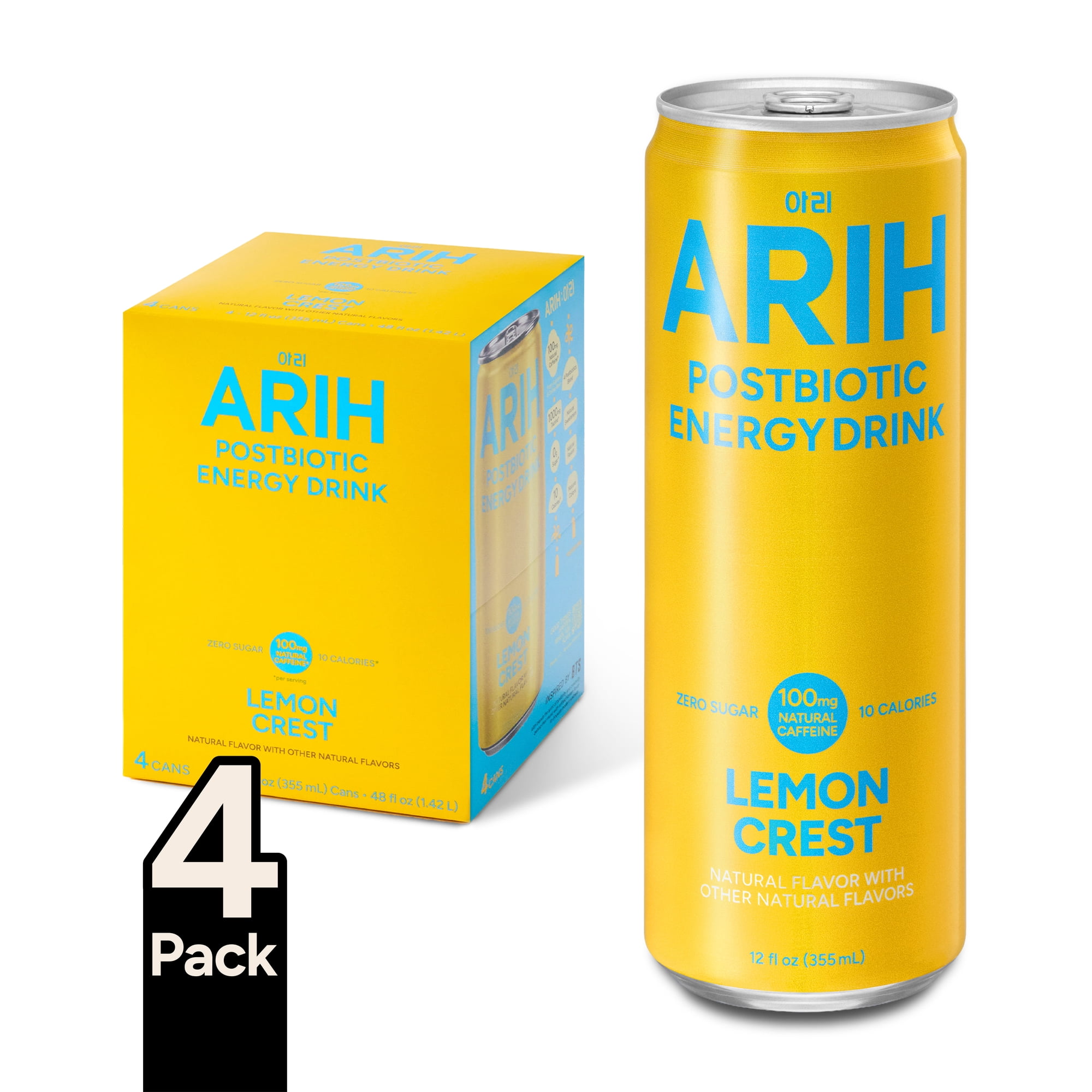 ARIH Postbiotic Energy Drink, Zero Sugar, 100mg Natural Caffeine, Lemon Crest, 12 fl oz, 4 Pack