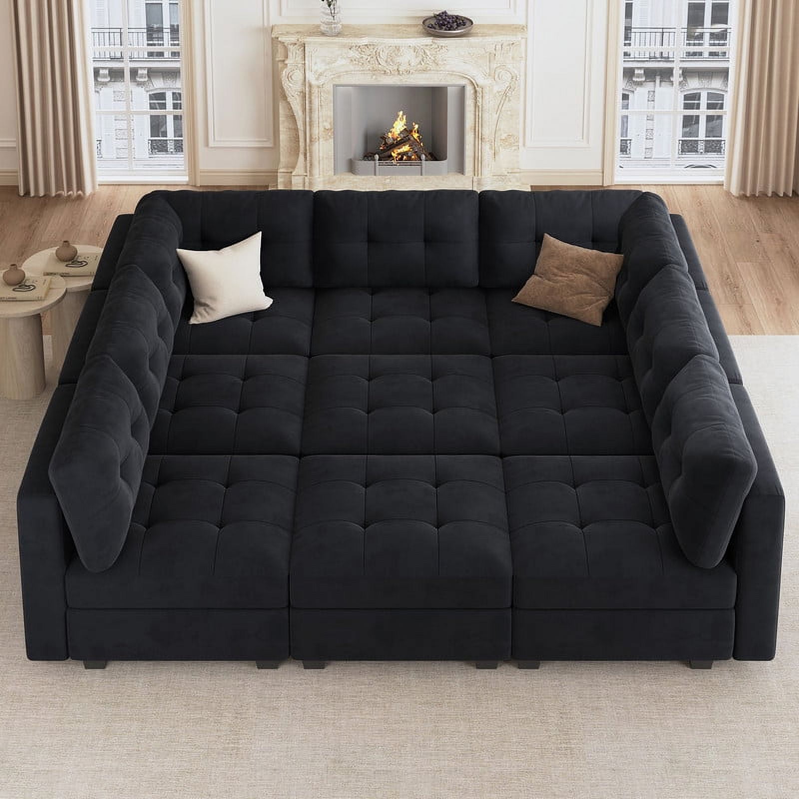 HONBAY Velvet Convertible Sofa Bed with Hidden Storage and Storage Ottomans for Living Room and Apartment, Black