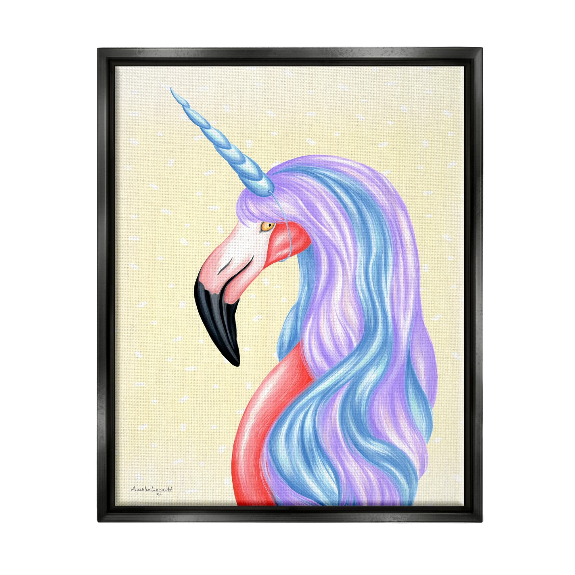 Stupell Industries Radiant Flamingo Bird Pastel Unicorn Horn Hair Graphic Art Metallic Gold Floating Framed Canvas Print Wall Art, Design by Amelie Legault