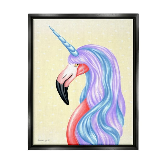 Stupell Industries Radiant Flamingo Bird Pastel Unicorn Horn Hair Graphic Art Jet Black Floating Framed Canvas Print Wall Art, Design by Amelie Legault