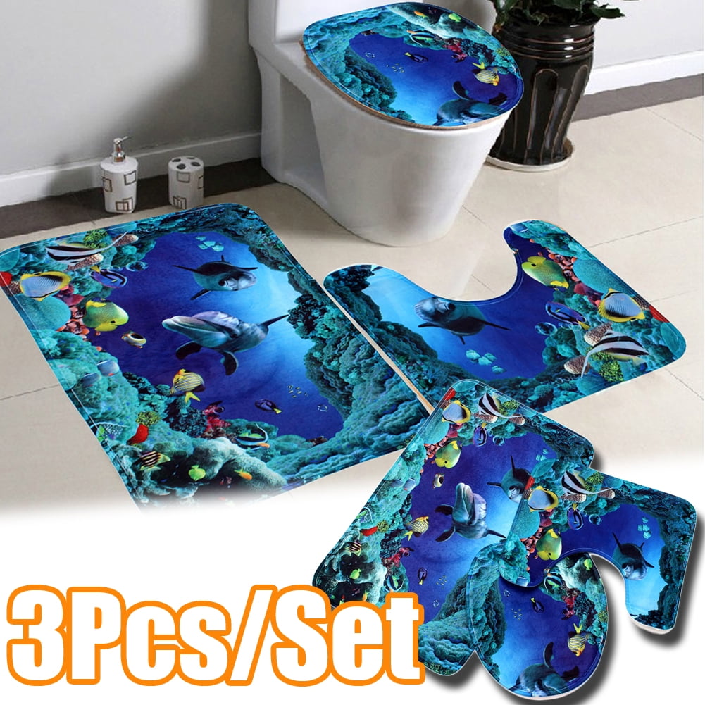 3Pcs/Set 3D Dolphin Print Bathroom Rug Set Anti-Slip Absorbent Bathroom Rug U-Shaped Toilet Mat Toilet Seat Cover 