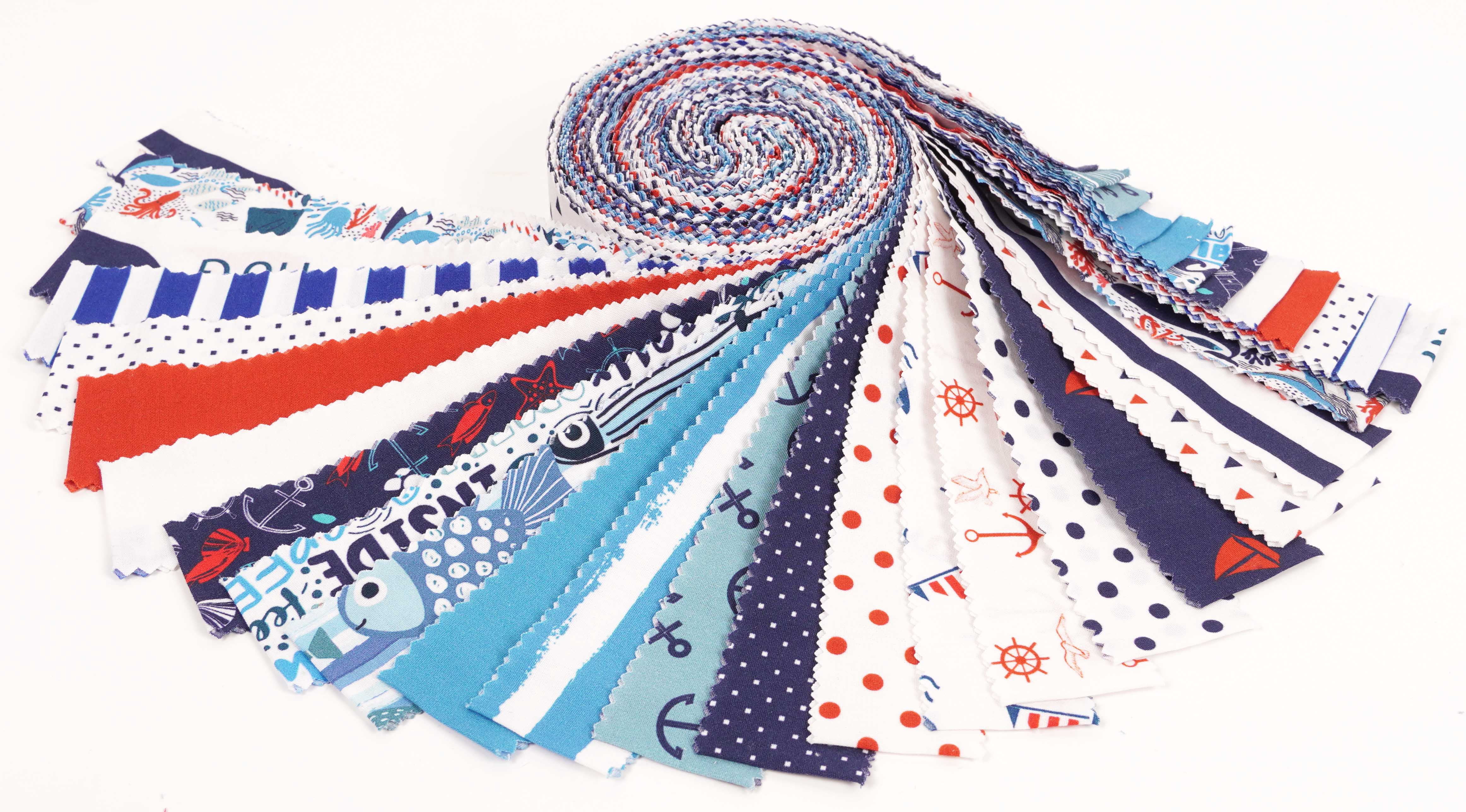 Soimoi 40Pcs Nautical Print Precut Fabrics Strips Roll Up 1.5x42inches Cotton Jelly Rolls For Quilting - Blue, Red & White