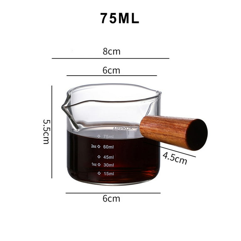 Double Spout Espresso Shot Glass with Wood Handle Espresso Glass 70 ml Carafe Shot Glass Measuring Cup Mini Milk Glass Cup with Handle for Milk Coffee