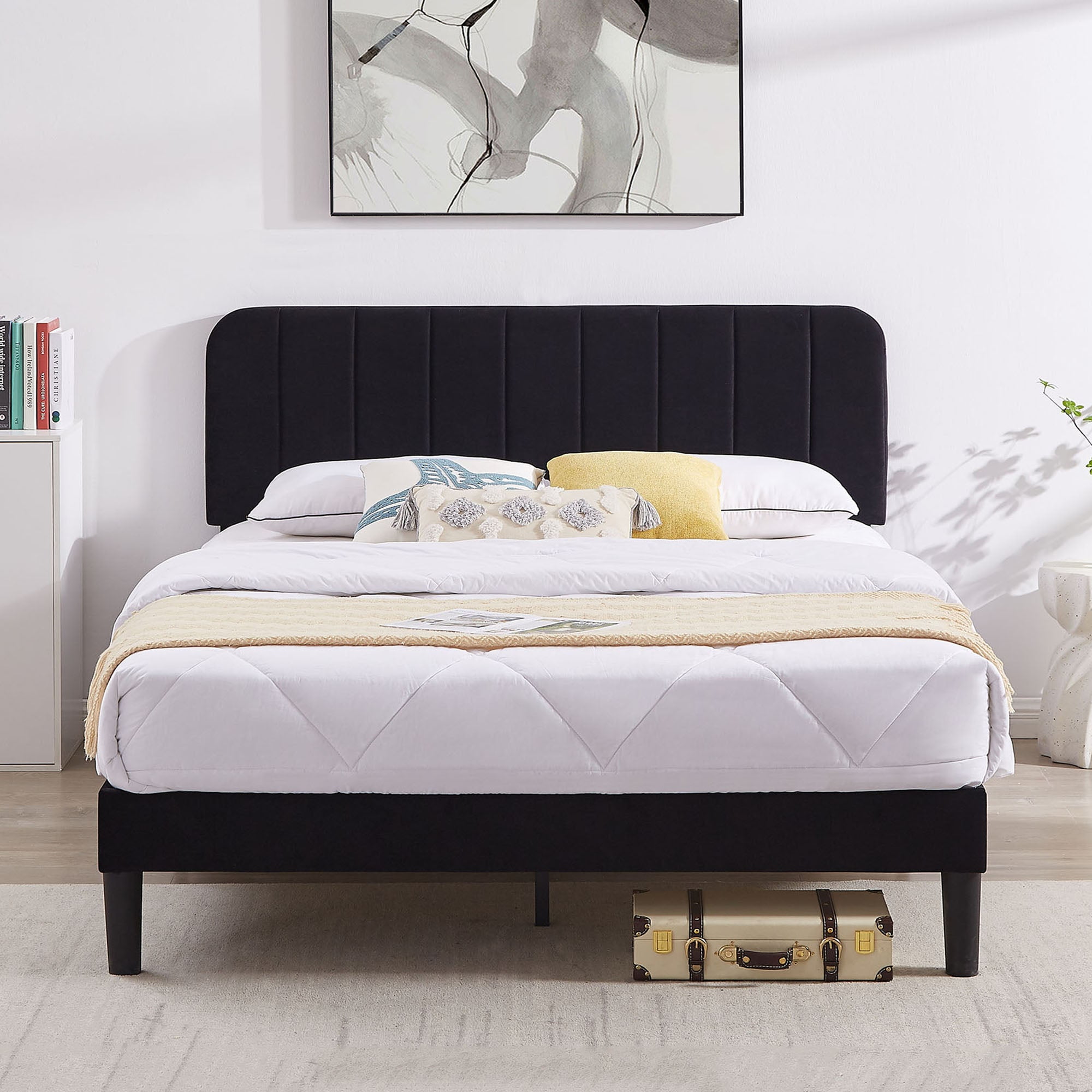 VECELO Queen Size Bed Frame, Modern Upholstered Platform Bed Frame with Adjustable Headboard, Wooden Slats Support/No Box Spring Needed, Black