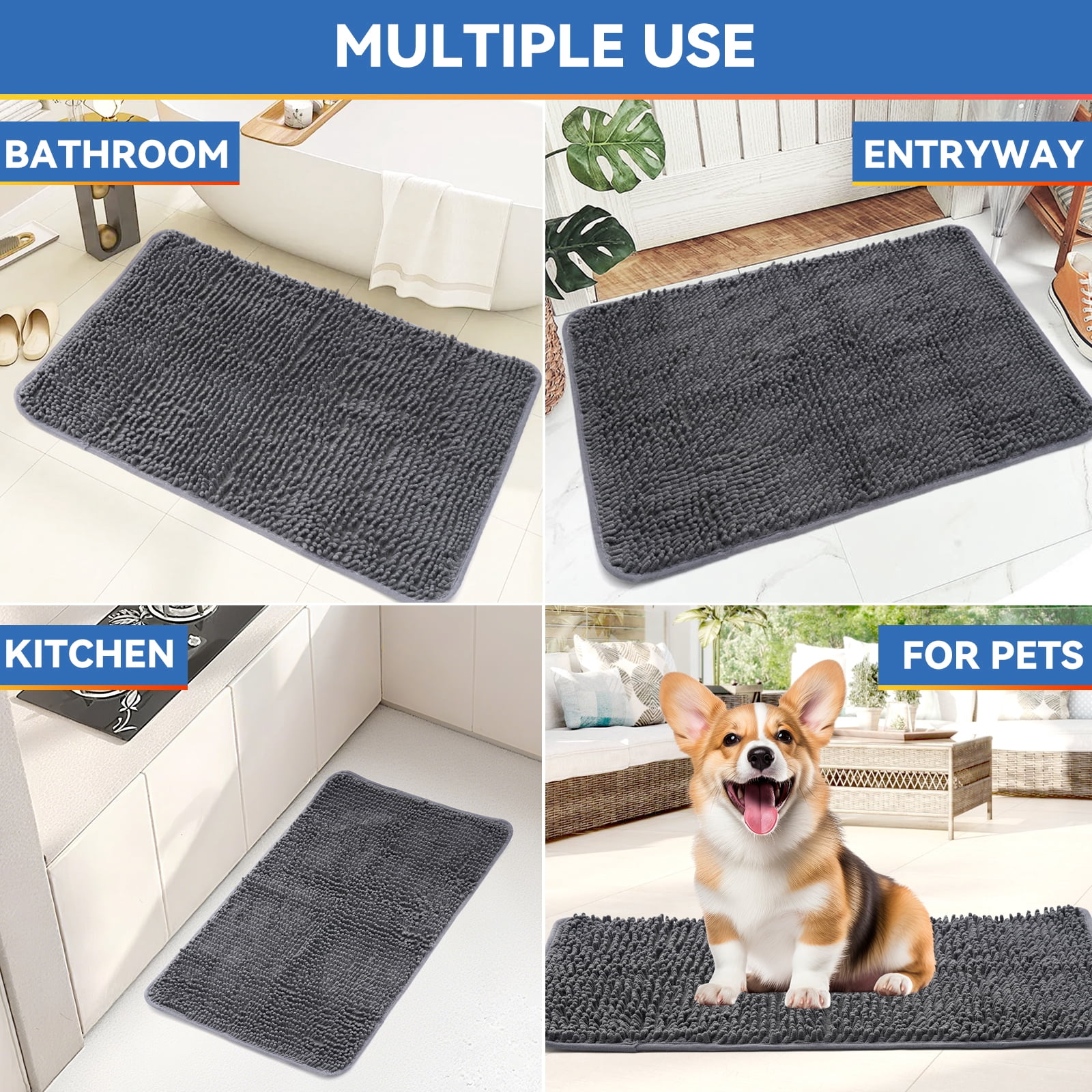 Pinnacle Home Chenille Bath Rugs 30x20 Inch, Quick Dry Washable Microfiber Pad, White Rubber Backing, Bath Mat Set for Bathroom