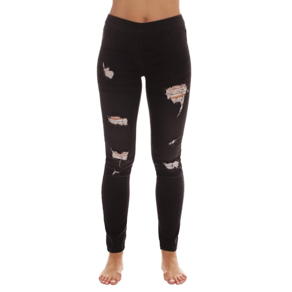 Just Love Women’s Ripped Denim Jeggings – Stretch Pull-On Jean Leggings, Skinny Fit Jegging Pants (Black Ripped Denim, Small)