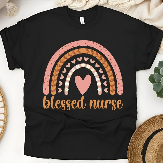Blessed Nurse Graphic T-Shirt with Rainbow and Heart Design, Black, Size 2XL
