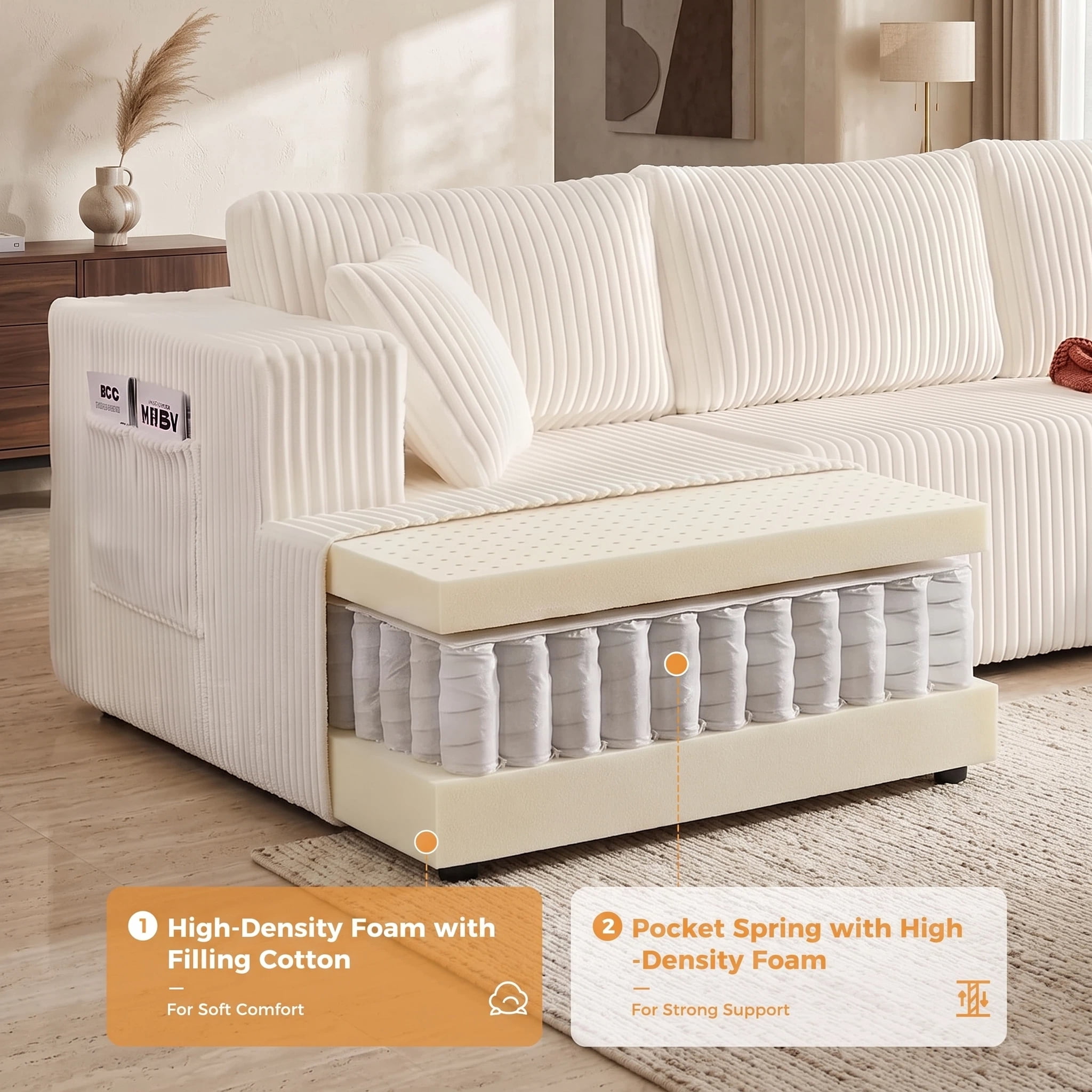 AISWORD 132" U Shaped Modular Sectional Sofa, Comfy Cloud Boneless Sofa with Chaise and Side Pockets, Memory Foam Sleeper Sofa for Living Room, Beige