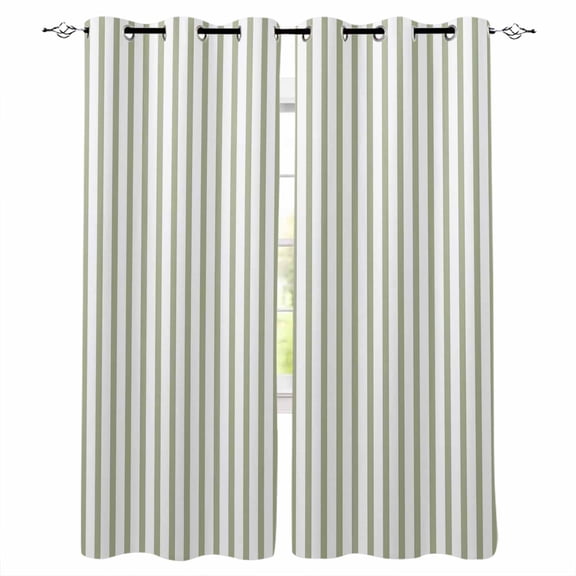 Sage Green Vertical Striped Blackout Curtains Light Blocking Print Window Curtains, Farmhouse Thin Line Stripes Thermal Insulated Window Drapes for Living Room Kitchen Cafe (2 Panels, 55"W x 39"L)