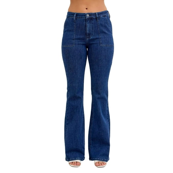 High Waist Flare Jeans with Front Patch Pockets