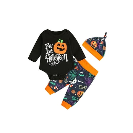 

Sunisery Baby Halloween Printed Clothes Long Sleeve O-neck Romper Trousers Pointed Hat Set Black 6-9 Months
