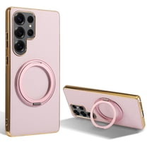 for Samsung Galaxy S25 Ultra Magnetic Case with Invisible Ring Stand [Compatible with Wireless Charging], Luxury PU Leather Slim Stand Shockproof Phone Cover for Samsung Galaxy S25 Ultra, Pink