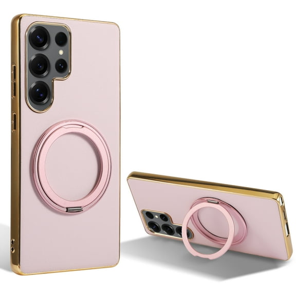 for Samsung Galaxy S25 Ultra Magnetic Case with Invisible Ring Stand [Compatible with Wireless Charging], Luxury PU Leather Slim Stand Shockproof Phone Cover for Samsung Galaxy S25 Ultra, Pink