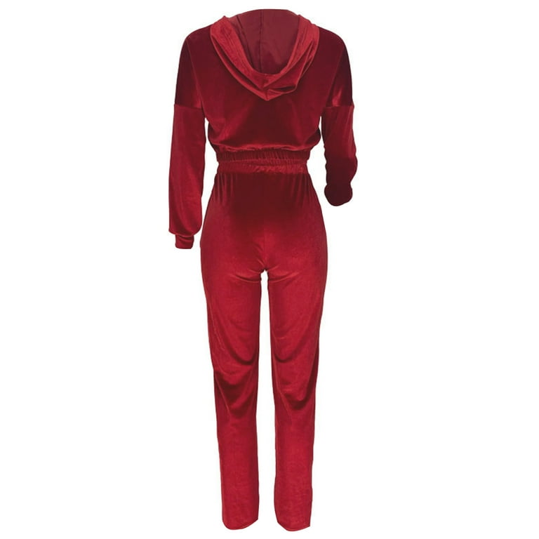 Hfyihgf Velvet 2 Piece Outfits for Women Velour Tracksuits Sweatsuits Set  Long Sleeve Zipper Hoodies Crop Tops Jackets and Flared Pants Jogging Set(Red,L)  