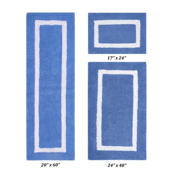 Better Trends 3 Piece Bathroom Rugs Set 100% Cotton Soft Bath Mat Water Absorbent, Reversible, Machine Washable, Bathroom Decor Toilet Base Contour Mat, Hotel Multi Collection - Dark Blue/White