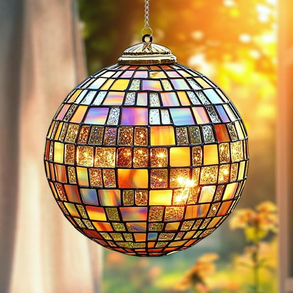 Yellow Mosaic Disco Ball 2D Acrylic Window Hanging, Colorful Faux Stained Glass Suncatcher Sphere Boho Garden Patio Decor Gift Idea