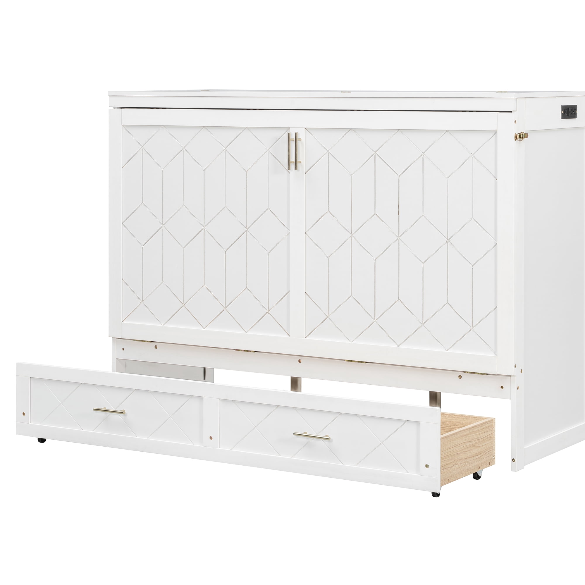 Mintazer Queen Murphy Bed with Storage Drawer & Charging Station, Modern Foldable Cabinet Bed with Geometric Pattern for Bedroom Apartment Guest Room, Gray