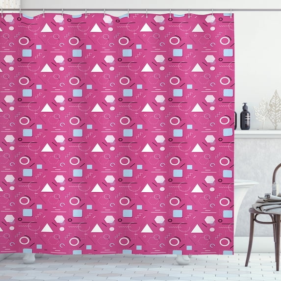 Geometric Shower Curtain, Vintage Memphis Style Triangles Hexagons and Squares Eighties Design, Fabric Bathroom Set with Hooks, 69W X 70L Inches, Pink Pale Blue Black, by Ambesonne