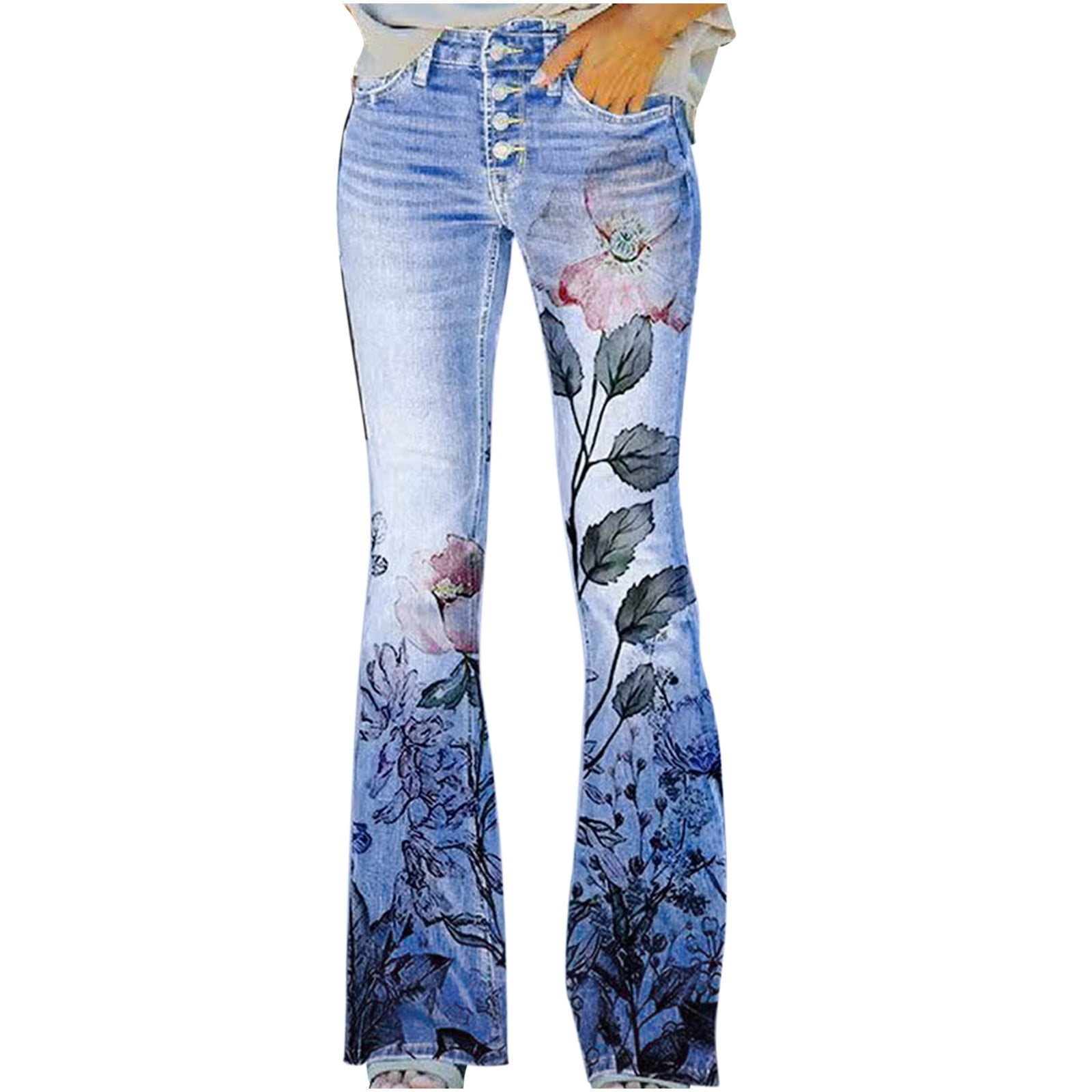 YYDGH Womens Bell Bottom Jeans High Waist Floral Embroidered Faux Denim ...