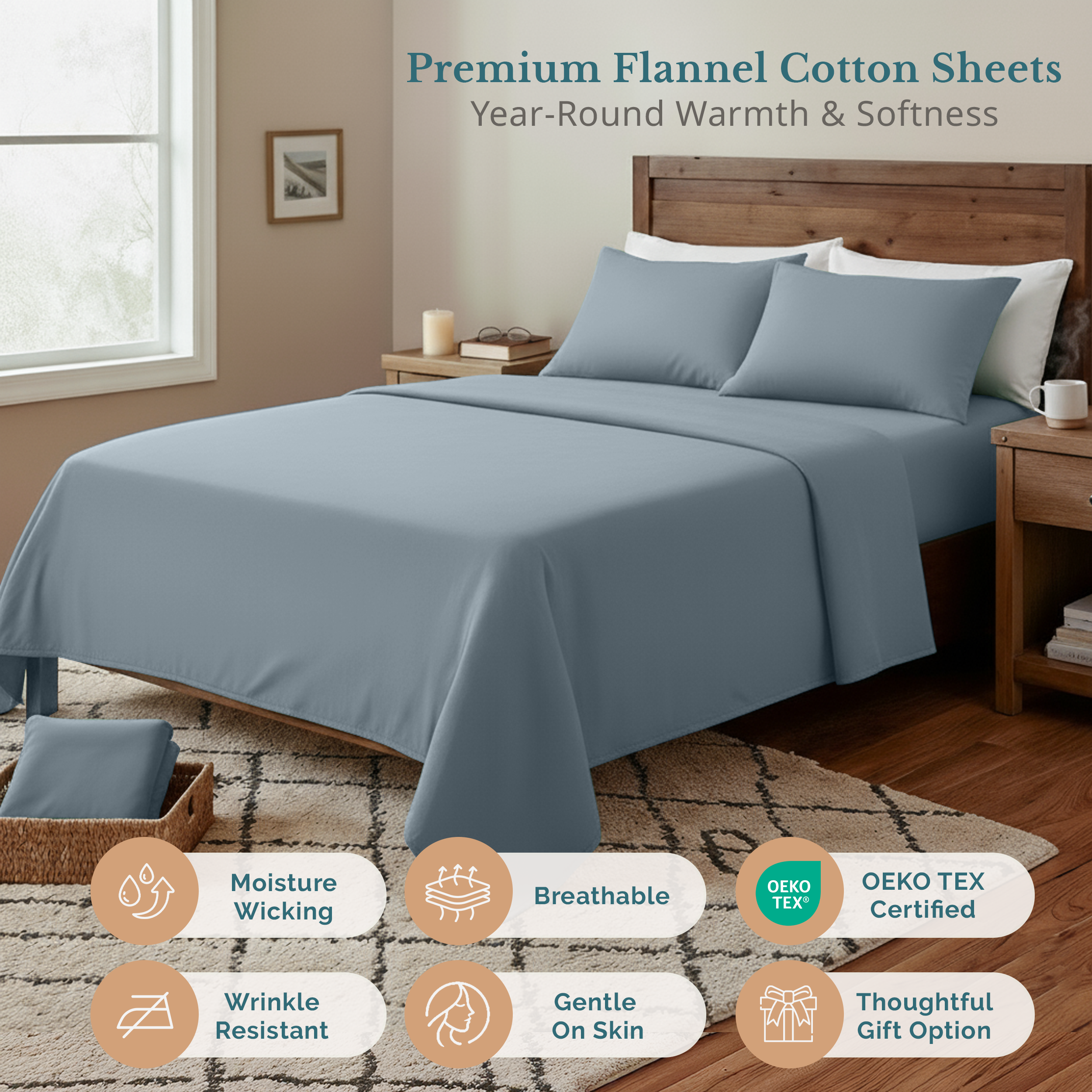 Casa Platino Queen Flannel Sheet Set, French Blue, 4-Piece photo 6