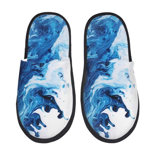 Fotbe Blue White Fluid Art Pantuflas Peludas para Mujer con Estampado, Zapatillas de Peluche, Zapatos de Invierno para Casa, Uso Interior y Exterior-Large
