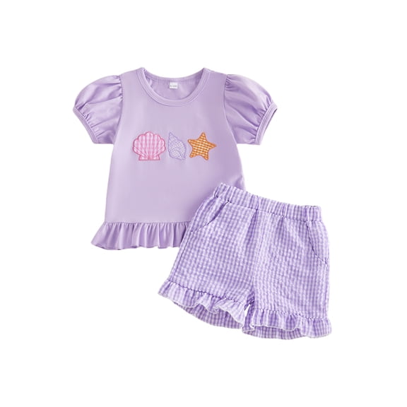 BemeyourBBs Toddler Baby Girl Summer Clothes Beach Holiday Starfish Outfit Conch Seashell Embroidered Short Sleeve T Shirt Tops and Plaid Shorts 2 Pcs Set