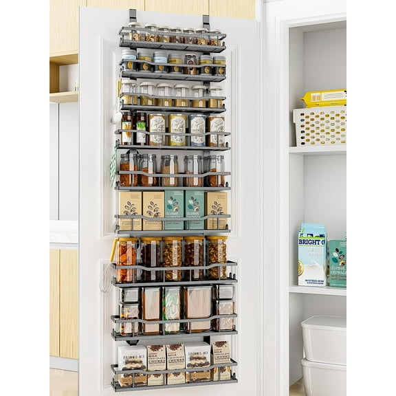 Over The Door Pantry Organizer, 9-Tier Over The Door Organizer with Adjustable Baskets, Metal Hanging Spice Rack for Pantry Organizers and Storage, Suitable for Kitchen Laundry Room & Bathroom, Black