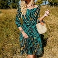 thumbnail image 3 of Abstract Teal Gold Fractal Art Women's 3/4 Sleeve Dresses Elegant A-Line Midi Dress Flare Summer Casual Sundress, 3 of 9