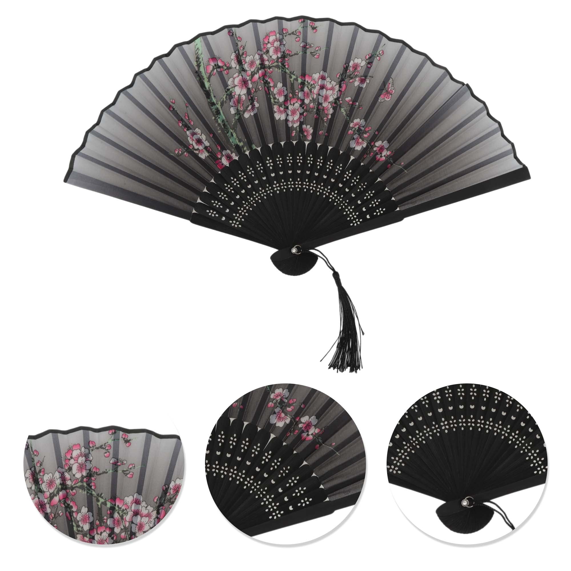 Unique Bargains Folding Fan 1Pc for Party Gray Joyful Magpie on Plum Blossom Branch Design
