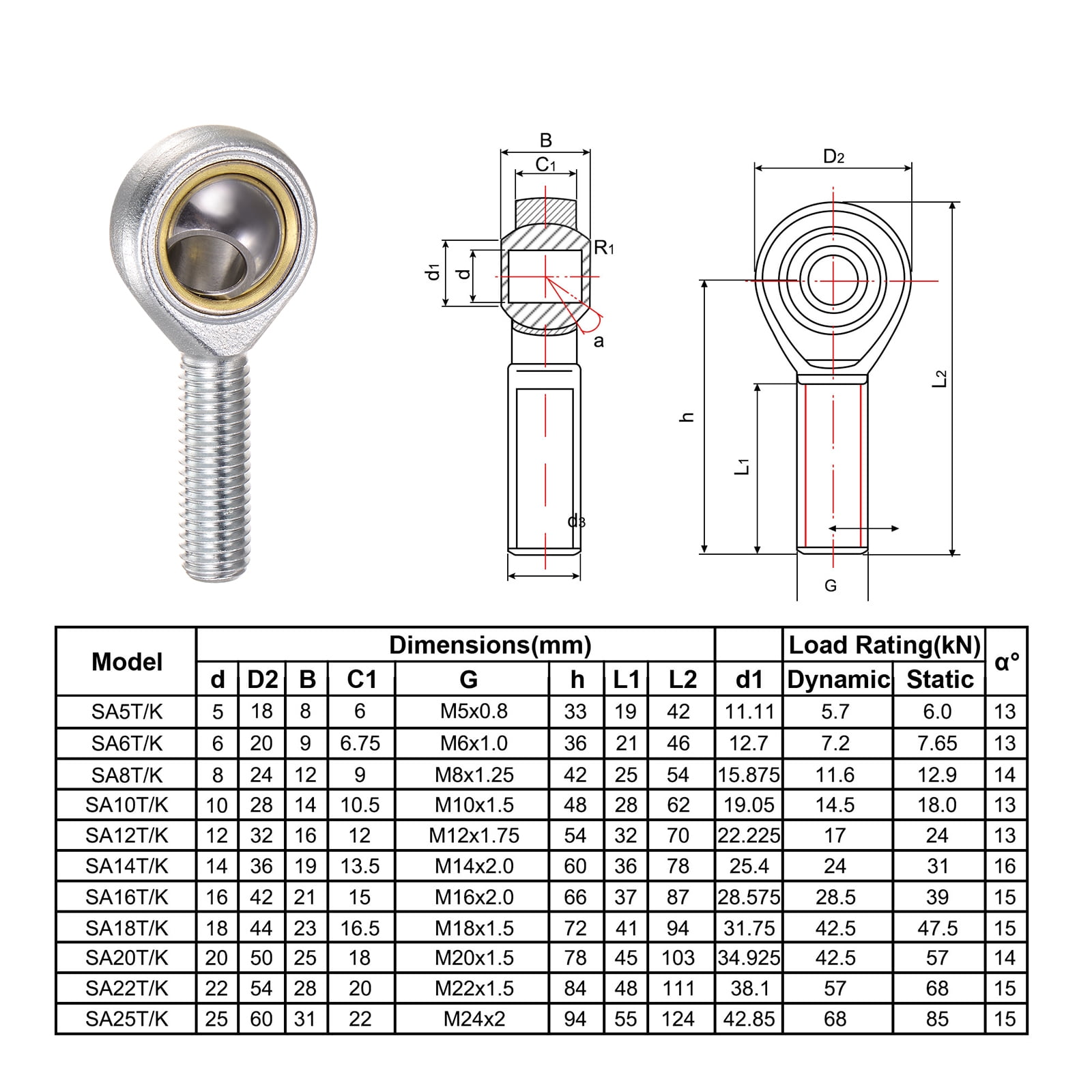 Unique Bargains Male Rod End Right Hand Thread Self-Lubricating Joint Rod Ends 62mm