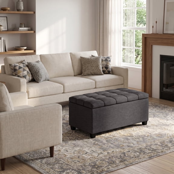 Simpli Home Sienna 34" Transitional Rectangle Ottoman Bench in Gray Linen Look Fabric