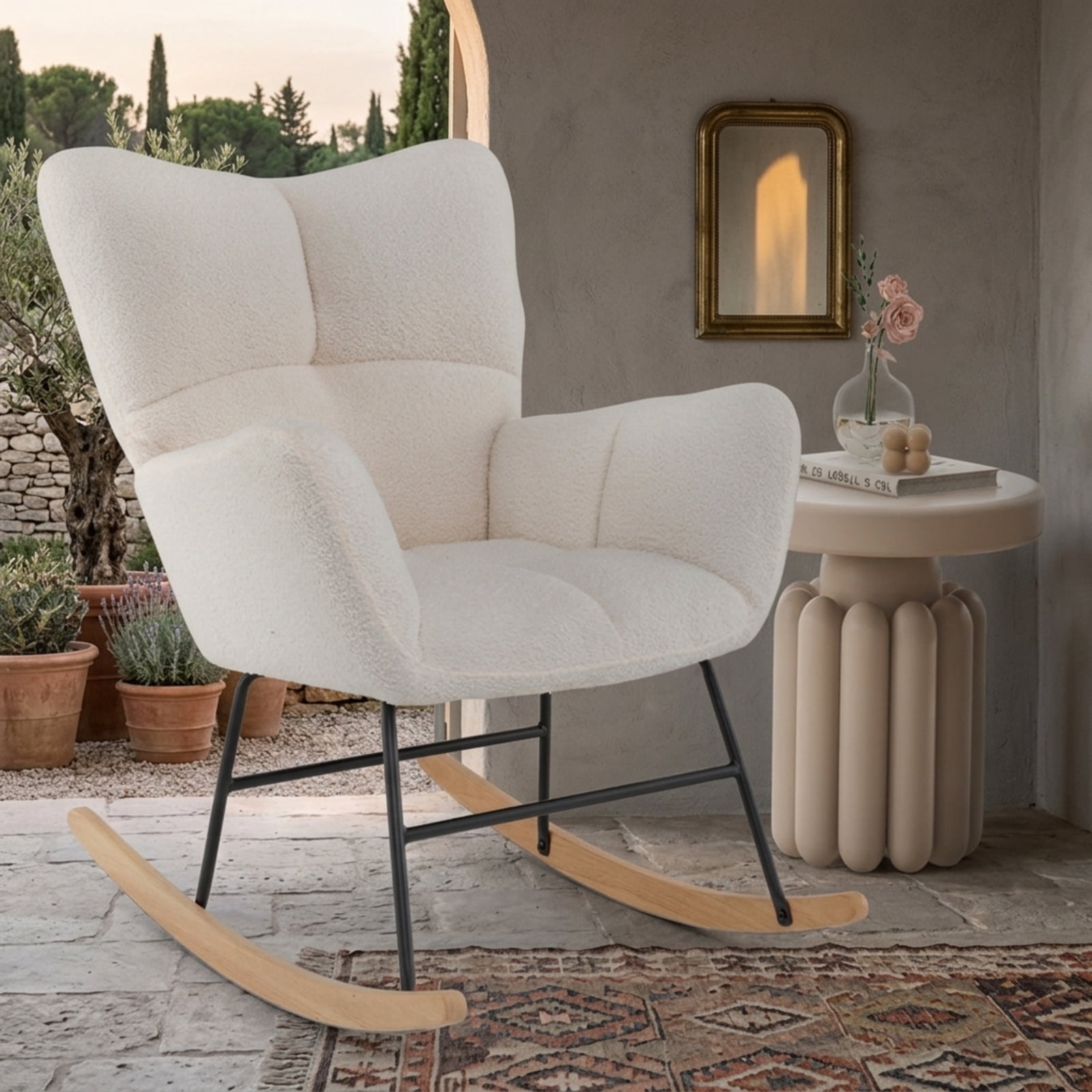 Furnibear Nursery Rocking Chair with Cozy Teddy Fleece Upholstery Wide Backrest Padded Armrests and Anti-Rollover Base for Nursery Room, Beige
