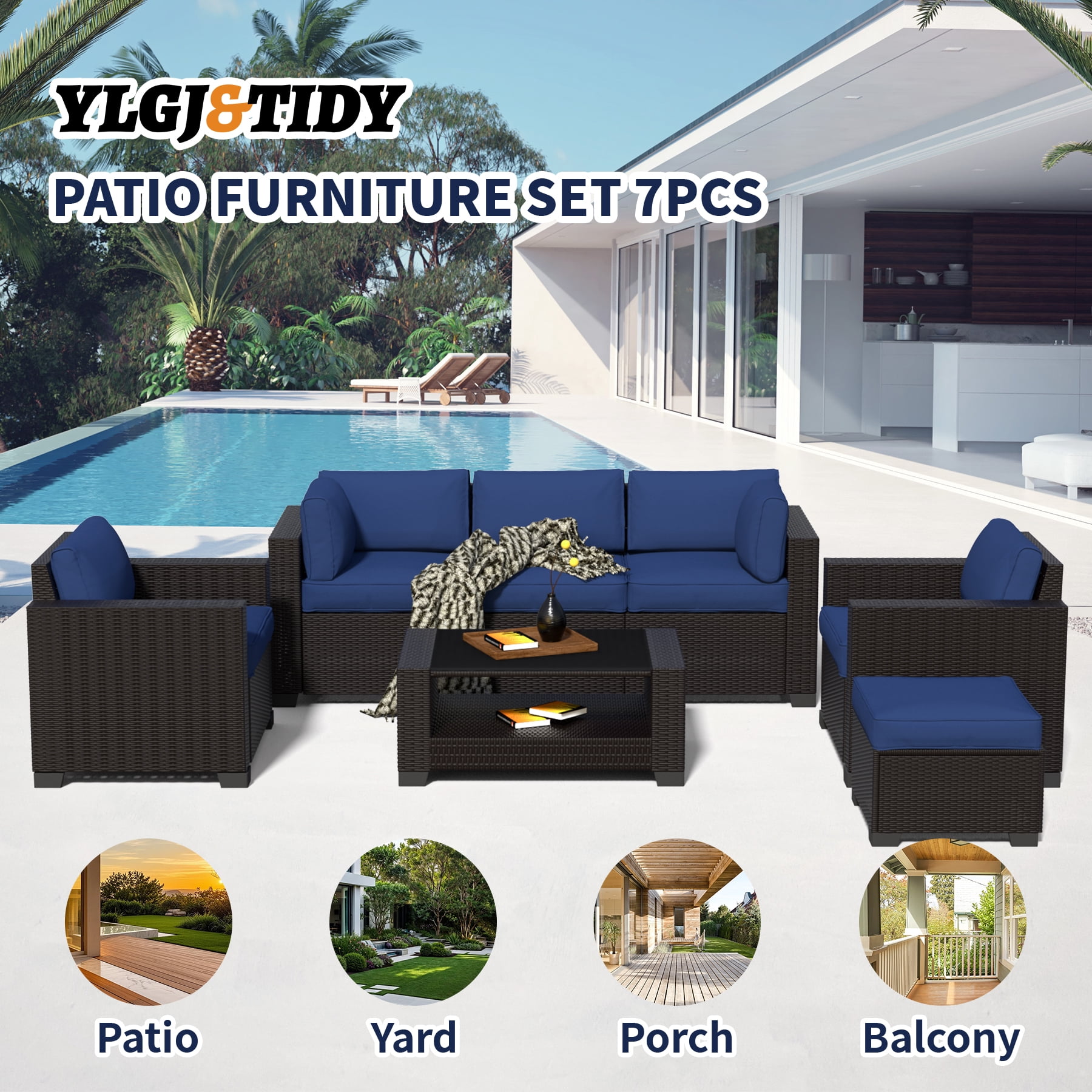 7-Piece Outdoor Sectional Patio Furniture Set, All-Weather Wicker Rattan Sofa with Thick Washable Cushions & Tempered Glass Table, Perfect for Garden, Poolside, Backyard (Navy blue)