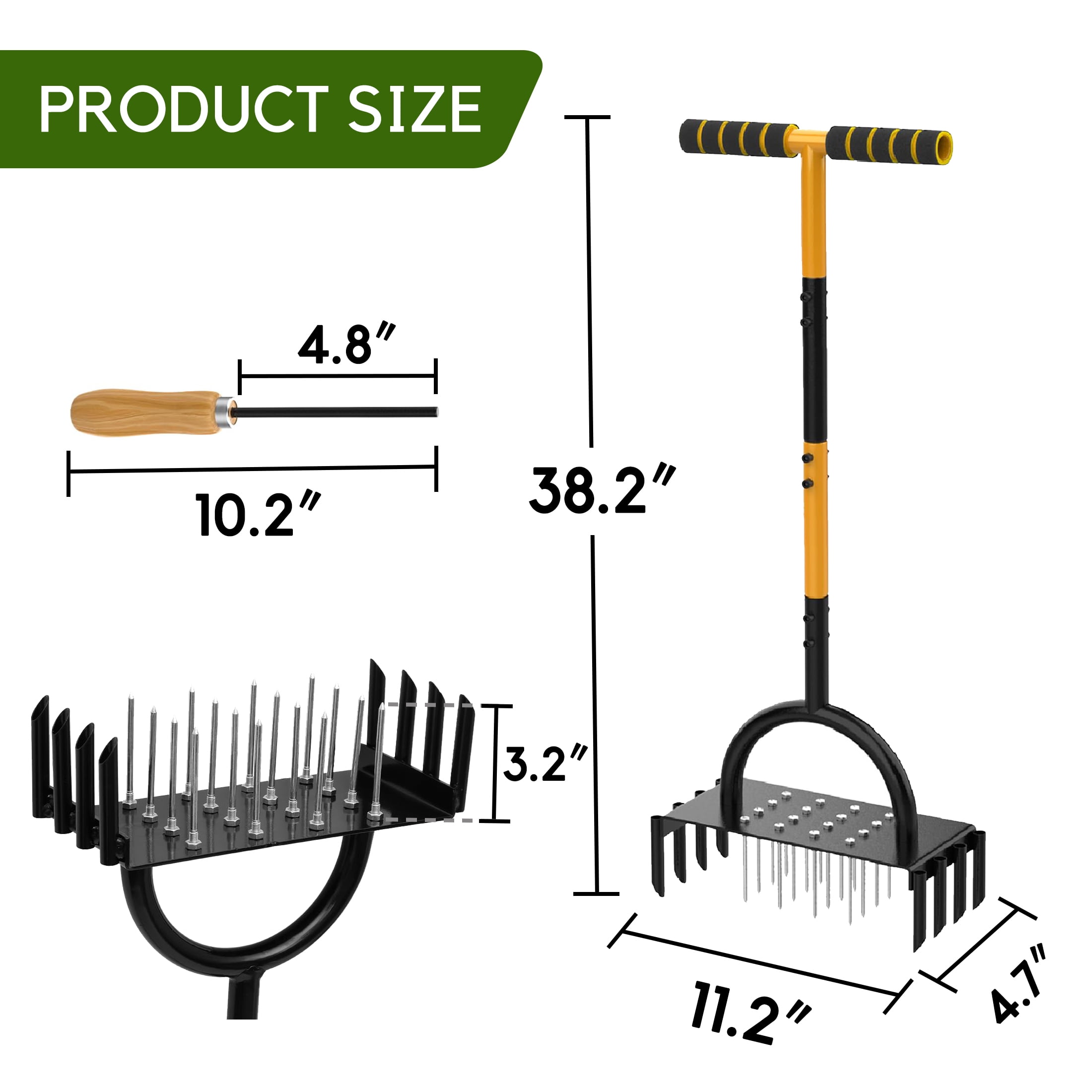 Hyindoor Lawn Aerator Tool, Manual Metal Tool Set with 16 Solid Steel Spikes, Automatic Leaf and Dirt Cleaning with Spring Base Design, Garden Tool for Yard Care（with Gloves）